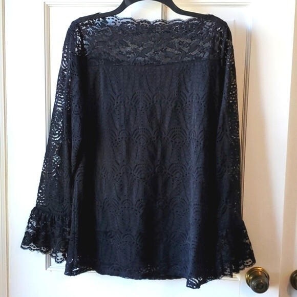 NWT ADIVA BLACK STRETCH LACE FESTIVE  HOLIDAY TOP SIZE LONG BELL SLEEVE LARGE - Picture 1 of 10